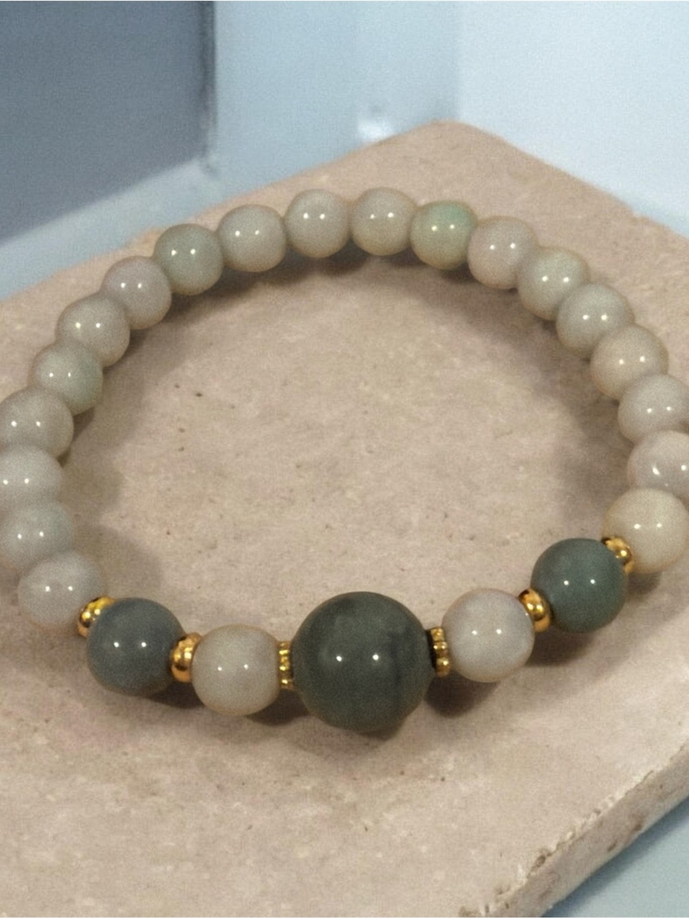Handcrafted Green and White Jade Beaded Stretch Bracelet